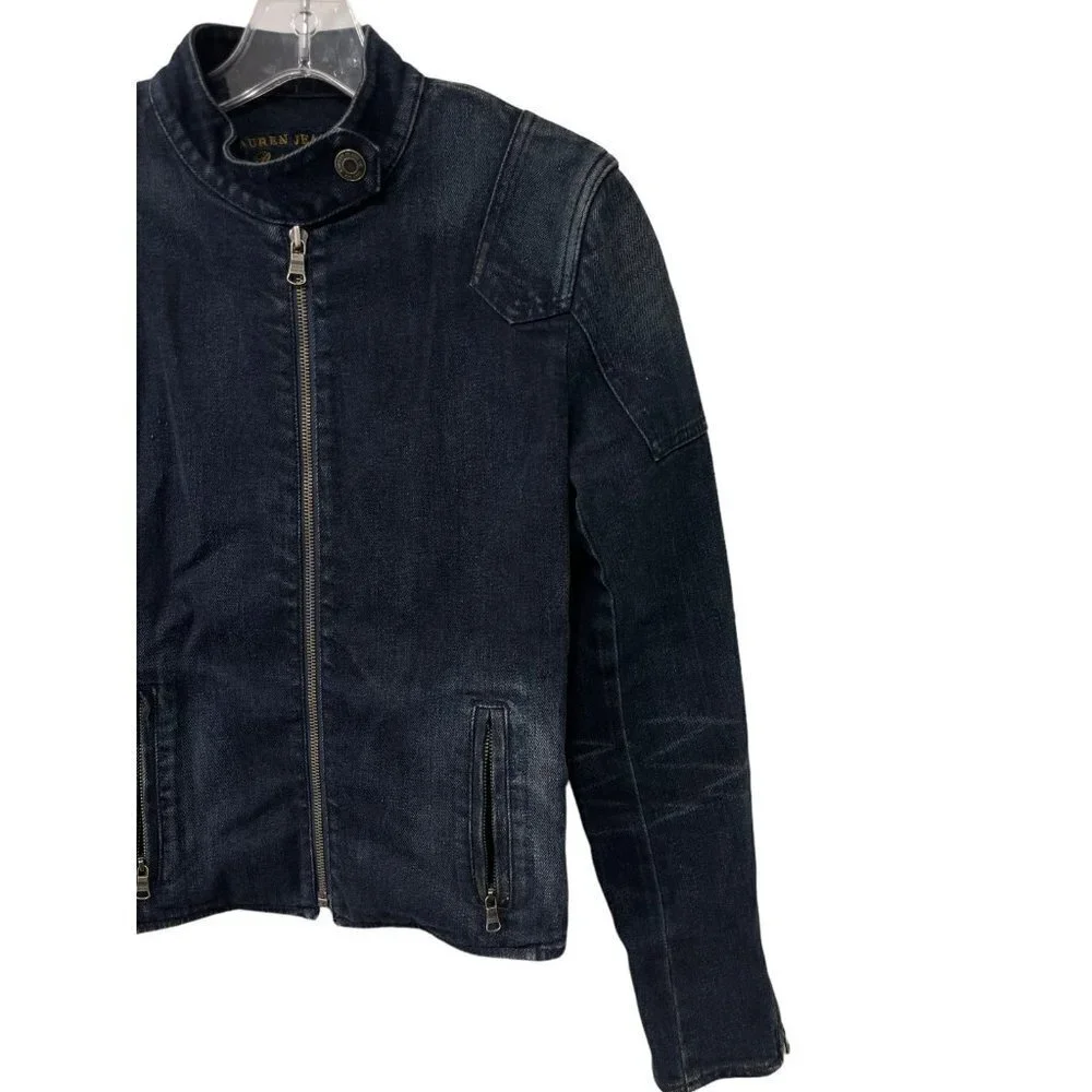 Lauren Jeans Co by Ralph Lauren Ladies Zip-up Dark Blue Jean Jacket Size Medium - Picture 2 of 6